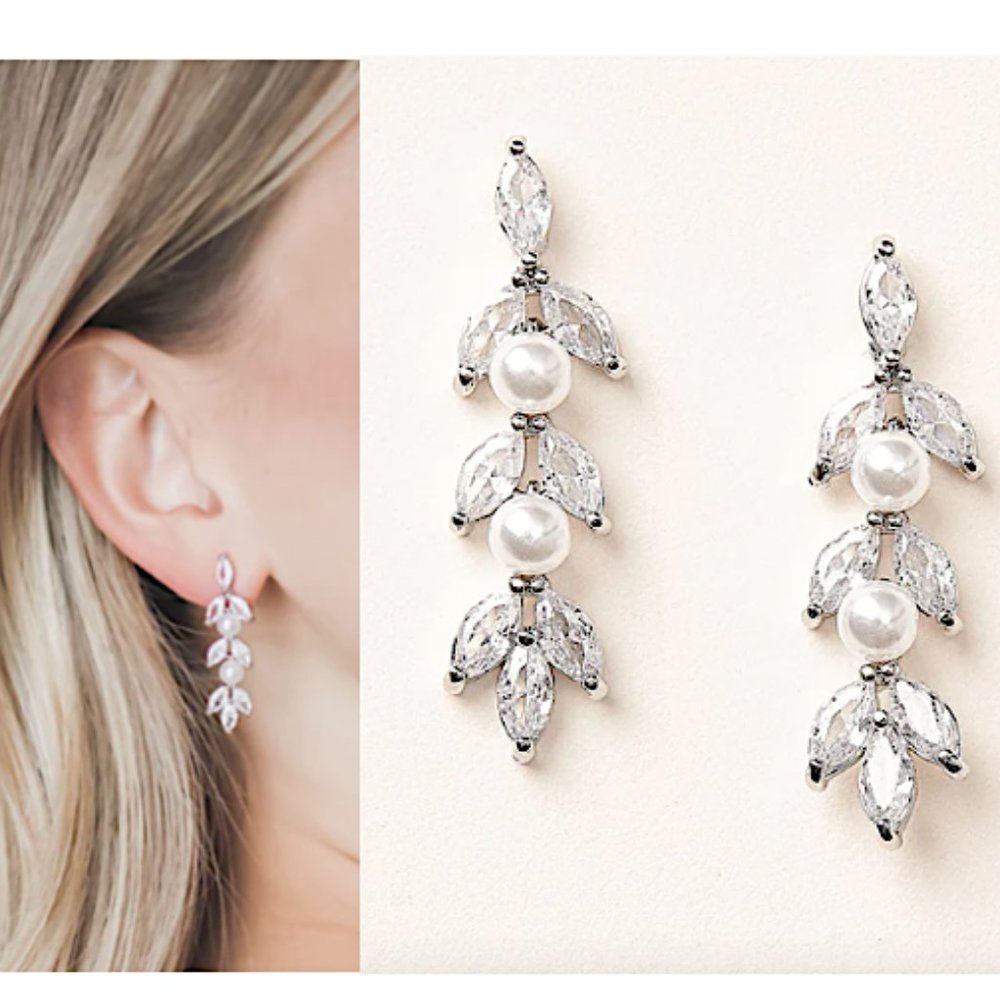 NEW~ Anthropologie BHLDN Pearl CZ Linear Dangle Earrings
